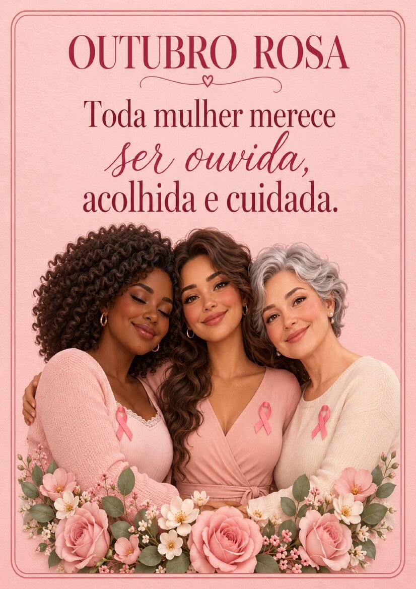 Imagem Outubro Rosa com três mulheres abraçadas, usando laços rosas e acompanhadas de frase sobre acolhimento